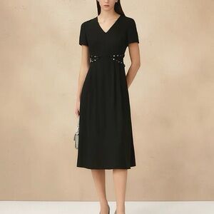 Light Weight Acetate V-Neck Short Sleeve Midi Little Black Dress with Crystal